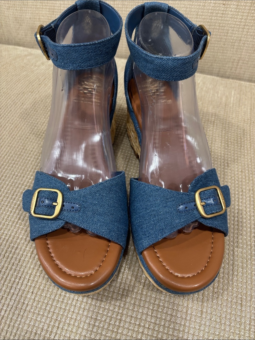 Vince Camuto Blue Denim Ankle-Strap Wedge Sandals